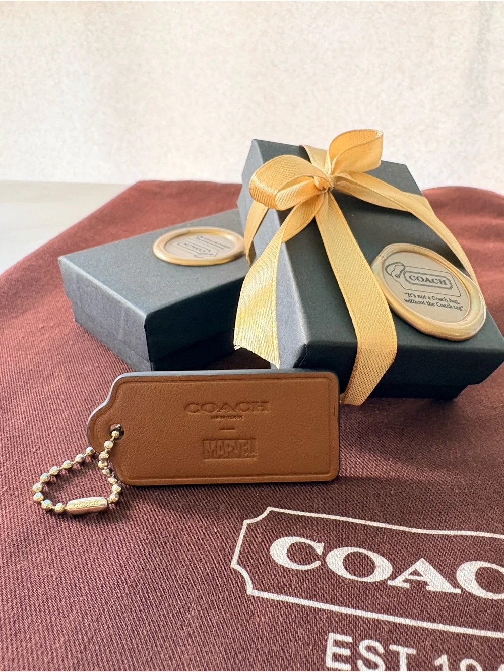 🦸♀️ Coach x MARVEL Ltd Ed Saddle Brown Leather HangTag Bag Charm | 2.375” - Picture 4 of 7